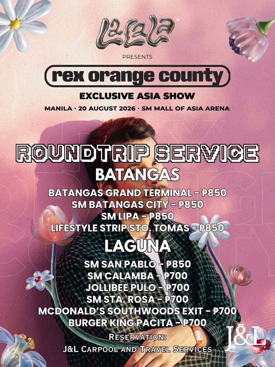 jandlcarpool's tweet photo. Carpool ~ roundtrip service for #RexOrangeCounty  is ongoing!  🎤

Rex Orange County: Exclusive Asia Show

📍 SM Mall of Asia Arena
📅 August 20, 2026

BOOK HERE: https://t.co/QAkkMxvZrL

Batangas Laguna Cavite

#RexOrangeCounty #LaLaLa2026 https://t.co/2Vv5UEzTXs