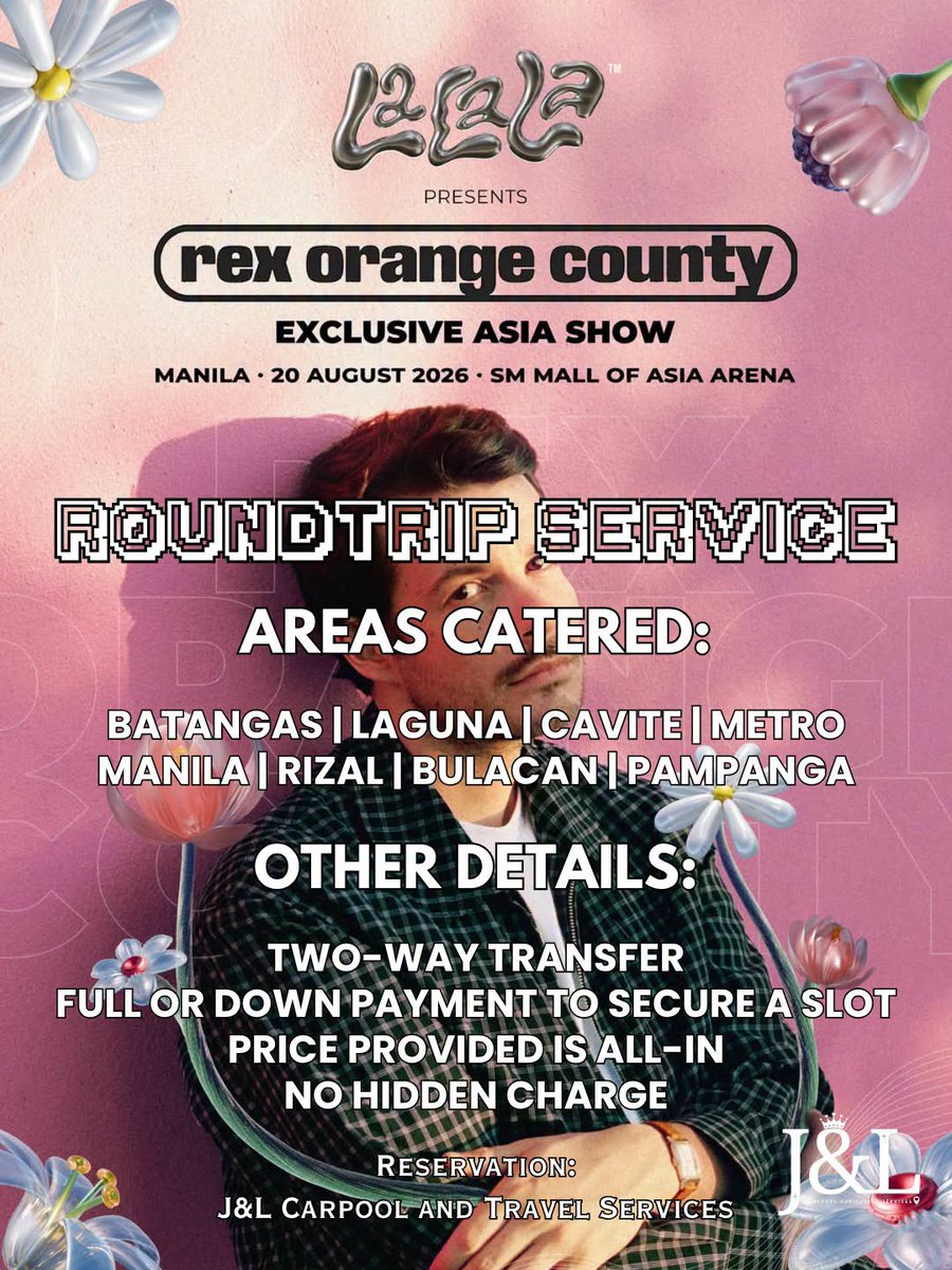 jandlcarpool's tweet photo. Carpool ~ roundtrip service for #RexOrangeCounty  is ongoing!  🎤

Rex Orange County: Exclusive Asia Show

📍 SM Mall of Asia Arena
📅 August 20, 2026

BOOK HERE: https://t.co/QAkkMxvZrL

Metro Manila Rizal Bulacan Pampanga

#RexOrangeCounty #LaLaLa2026 https://t.co/7zzaiWAdUO