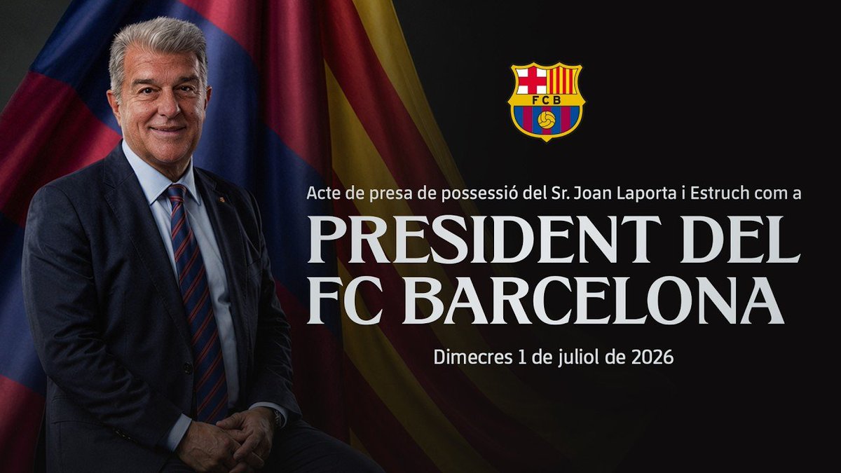 BarcaUniversal's tweet photo. 🚨 OFFICIAL: Joan Laporta will start another presidential term today.

The club will hold a ceremony at noon. https://t.co/RTGrRQZkKp