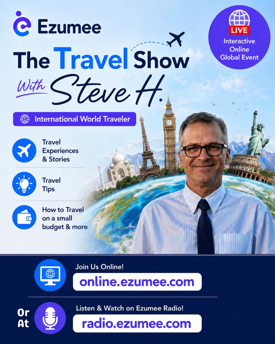 EzumeeGroups's tweet photo. The Travel Show with Steve H
International World Traveler

Live Interactive Online Free Event
Conversation &amp; Discussion
Tips on How to Travel on a small budget

Next Event
North &amp; South America
July 15th
Asia &amp; South Pacific
July 16th

https://t.co/8CRaWxQqyr https://t.co/Zeo0q9z49M
