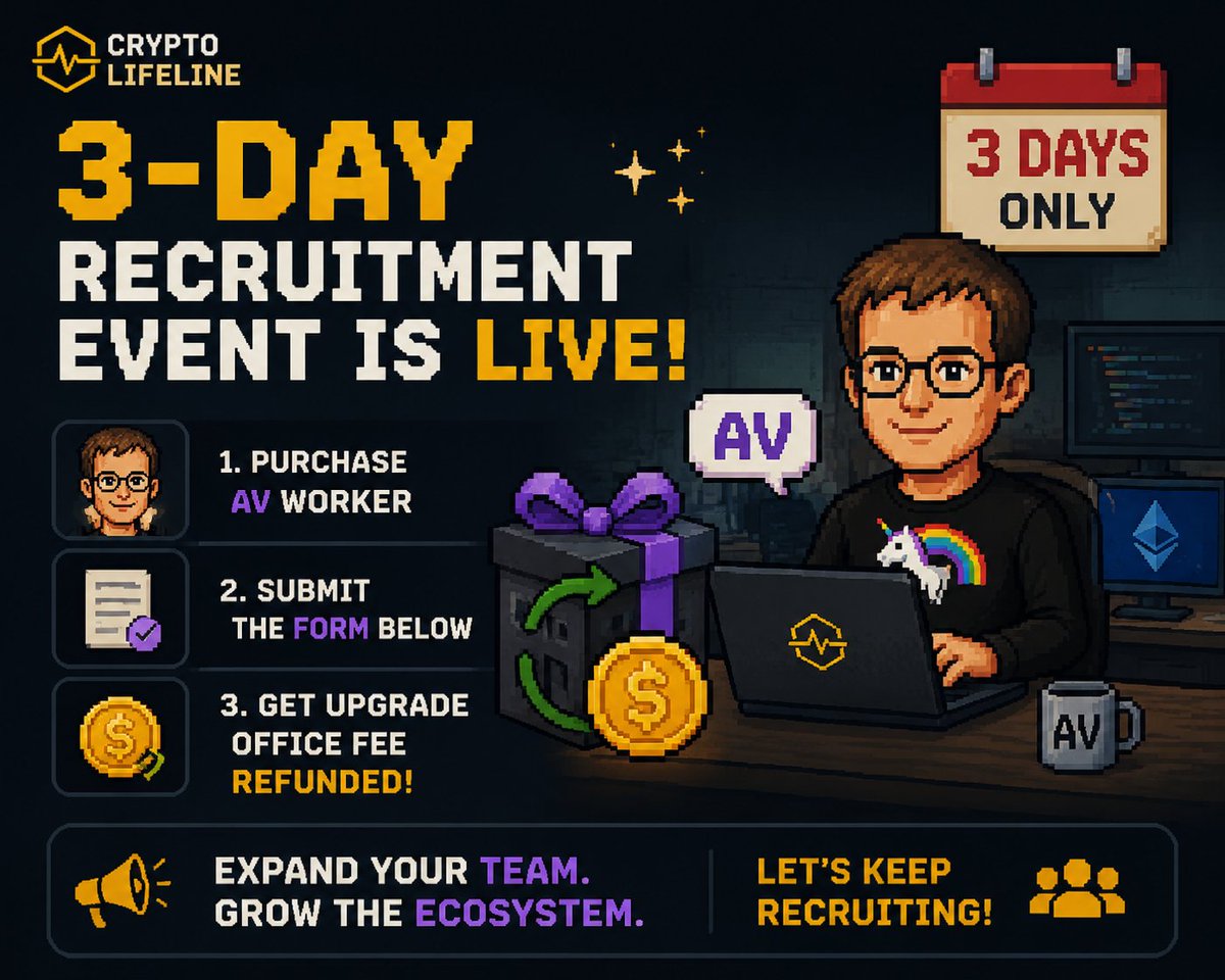 CryptoLifeBSC's tweet photo. 🚀 3-Day Recruitment Event is Live!

Crypto Lifeline is launching a special limited-time event.

⛏️ If you purchase the AV worker and submit the form below,
your upgrade office cost will be fully refunded.
👉:https://t.co/dPhKAyiRrU

This is a time-limited recruitment boost to expand your workforce.

📅 Duration: 3 days only

Let’s continue building the system together.

#CryptoLifeline #CLE #BNBChain