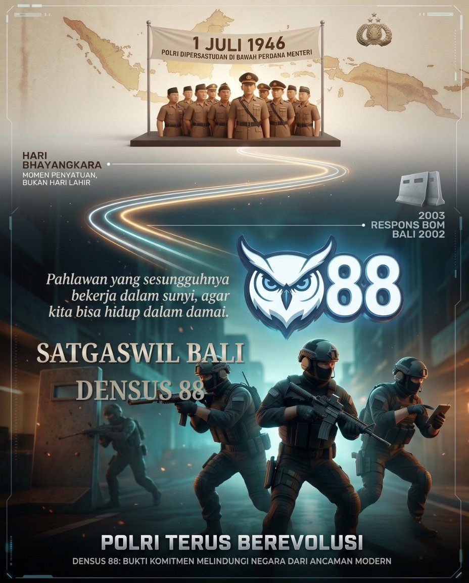 DewataModerat_'s tweet photo. “Pahlawan yang sesungguhnya bekerja dalam sunyi, agar kita bisa hidup dalam damai.” 🦉🇮🇩

Selamat Hari Bhayangkara! Sejak 1 Juli 1946, institusi Polri terus berevolusi. Seiring bergantinya zaman, ancaman terhadap keutuhan bangsa pun turut berubah—dari konflik fisik di masa lampau hingga ancaman terorisme dan radikalisme di era modern.

Bagi kami di Satgaswil Bali Densus 88 AT Polri, melindungi bukan hanya soal menindak, tetapi juga merawat harmoni. Melalui semangat Dewata Moderat, kami terus bergerak merangkul masyarakat, mengedukasi, dan menyemai bibit toleransi di Pulau Dewata.

Keheningan dari teror adalah hasil dari langkah senyap yang tak pernah berhenti. Namun, kewaspadaan ini membutuhkan peran serta semeton (saudara) sekalian. Keamanan, kedamaian, dan pariwisata Bali yang kita cintai ini adalah tanggung jawab kita bersama.

Mari jadikan momentum Hari Bhayangkara ini untuk terus mempererat persatuan, menolak segala bentuk intoleransi, dan menjadi mata serta telinga bagi keamanan lingkungan kita.

Polri Terus Berevolusi. Salam Presisi, Salam Damai dari Bali! 🌅✨

#HariBhayangkara #HariBhayangkara2026 #PolriPresisi #Densus88 #Densus88AT #SatgaswilBali #DewataModerat #PahlawanDalamSunyi #ToleransiHargaMati #BaliDamai #CegahRadikalisme #AntiTeror #PolriUntukIndonesia #HUTBhayangkara