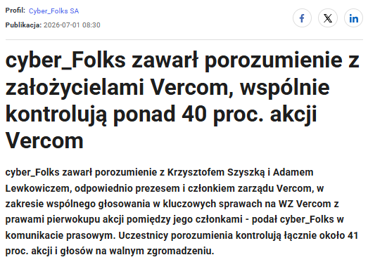 MarcinMarkiewix's tweet photo. Niedawno zastanawiałem się, czy #cyber_Folks po sprzedaży akcji stanowiących 19,5% kapitału #Vercom nadal będzie mógł dokonywać pełnej konsolidacji wyników tej spółki.
Od dziś wiemy już, że tak!
Depesza PAP (link w komentarzu) informuje, że #CBF zawarł porozumienie z założycielami i prezesem #VRC, zgodnie z którym kontrolują łącznie ok. 41% akcji, co w ocenie spółki oznacza utrzymanie kontroli i kontynuację pełnej konsolidacji.
Warto podkreślić tutaj dwie kwestie. Po pierwsze - moje wątpliwości były uzasadnione, skoro cyber_Folks uznało, że 30% udział w kapitale Vercomu oraz prawo do nominowania 2 z 5 członków rady nadzorczej nie daje kontroli.
Z drugiej strony stwierdzono, że wystarczy 40% akcji (i porozumienie z prezesem ;), żeby tę kontrolę posiadać. Czyli to, co podkreślałem - zgodnie z MSSF nie ma znaczenia, czy posiadamy powyżej 50% akcji lub głosów, liczy się fakt kontrolowania jednostki. Pokazuje to również przykład Shopera, CBF posiada 49,9% - nie ma większości, ale posiada decydujący wpływ na zarządzanie jednostką.
Oczywiście jest to dobra informacja dla akcjonariuszy, wyniki Vercomu nadal będą w całości wchodziły w skład sprawozdań grupy, nie będzie dziwnego tąpnięcia, z którego trzeba by było się tłumaczyć inwestorom.
#gpw #gieldoweakcje