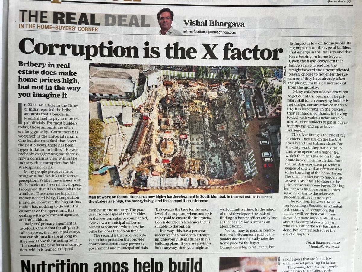 VishalBhargava5's tweet photo. It is no secret that corruption in real estate is at record levels today. Builders are stunned with the scale of bribes demanded. 
Yet its impact on home prices is limited. 
It's bigger impact is on the type of players it encourages. And that hurts the home buyer. https://t.co/HvO1le0QhW