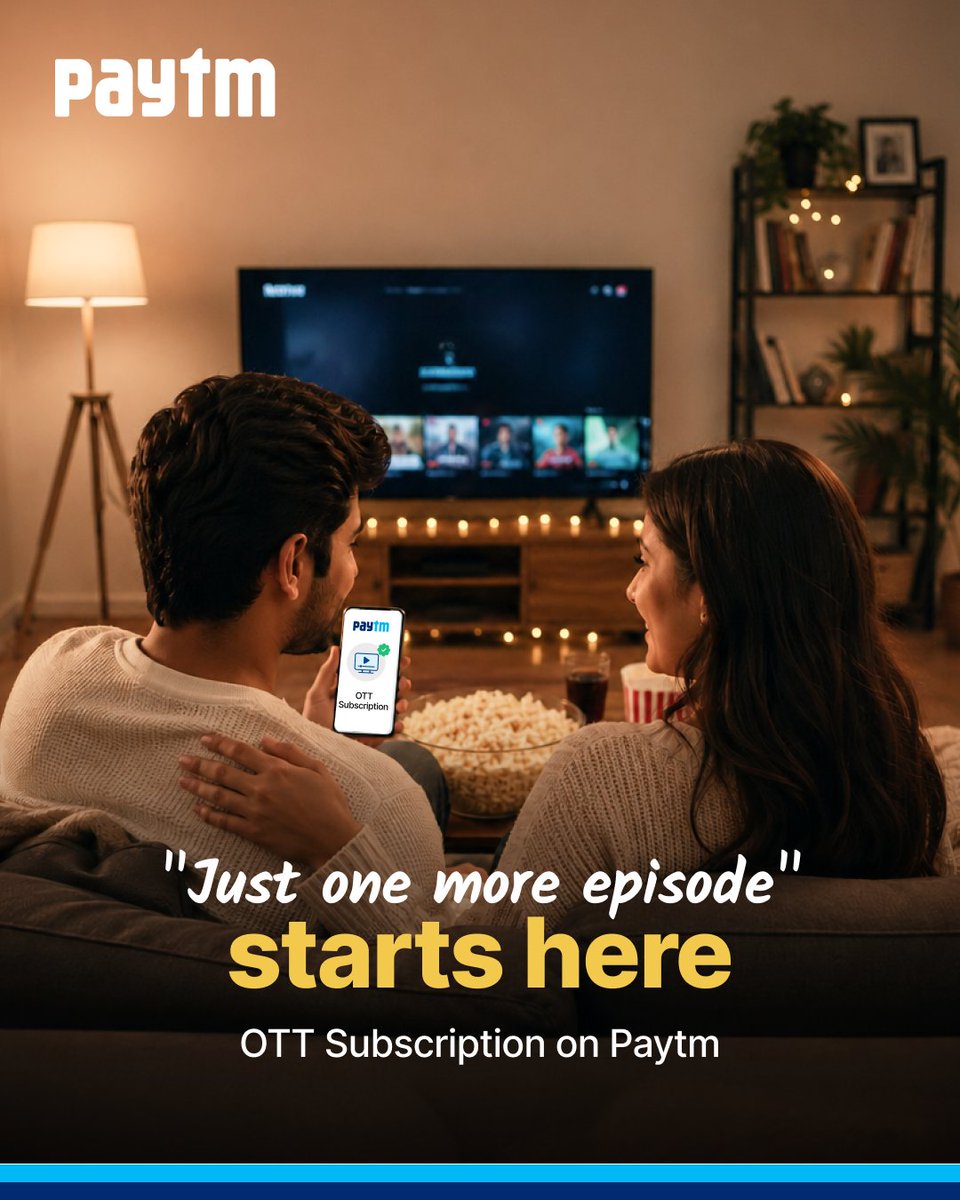 Paytm's tweet photo. Snacks? Ready. 🍿
Couch? Ready. 🛋️
OTT Subscription? Sorted on Paytm now. 😉📲
#PaytmKaro https://t.co/xy4p892fse