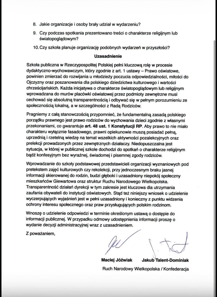 MaciejJwiak1's tweet photo. Zapowiedzieliśmy interwencję i słowa dotrzymujemy.

Wczoraj skierowaliśmy oficjalne pisma do:
📌 Dyrekcji Szkoły Podstawowej w Giewartowie – z wnioskiem o udostępnienie informacji publicznej i szczegółowe wyjaśnienia dotyczące organizacji spotkania z przedstawicielami środowisk muzułmańskich.
📌 Wielkopolskiego Kuratora Oświaty – z wnioskiem o pilną kontrolę w trybie nadzoru pedagogicznego.
📌 Wójta Gminy Ostrowite – z żądaniem przeprowadzenia kontroli oraz wyciągnięcia konsekwencji, jeśli doszło do naruszenia prawa i praw rodziców.

Domagamy się odpowiedzi na podstawowe pytania: kto podjął decyzję o organizacji tego wydarzenia, czy rodzice zostali wcześniej poinformowani i czy wyrazili świadomą zgodę na udział swoich dzieci.

Polska szkoła ma wychowywać w duchu polskiej tradycji, kultury i wartości chrześcijańskich. Nie może być miejscem realizacji skandalicznych inicjatyw bez wiedzy i świadomej zgody rodziców.

Nie odpuścimy tej sprawy. O wynikach naszych interwencji będziemy informować na bieżąco.