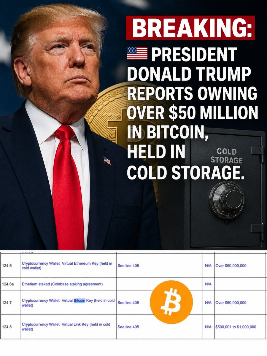 coinfinity_x's tweet photo. 🚨 BREAKING: 🇺🇸 President Donald Trump has reported owning over $50 million in Bitcoin, held in cold storage.

A notable disclosure that’s adding even more attention to Bitcoin's growing presence among high-profile figures. 👀₿
#Bitcoin #BTC #Crypto #DonaldTrump #BreakingNews https://t.co/QkAVTDX4vr