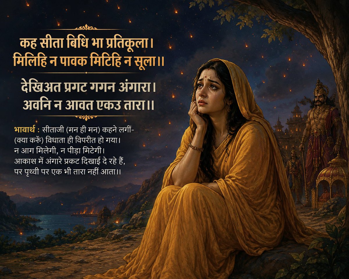 Ramlal's tweet photo. ॥सुंदर कांड॥

सुनत बचन पद गहि समुझाएसि। प्रभु प्रताप बल सुजसु सुनाएसि ।।निसि न अनल मिल सुनु सुकुमारी। अस कहि सो निज भवन सिधारी। 

भावार्थ- सीताजी के वचन सुनकर त्रिजटा ने चरण पकड़कर उन्हें समझाया और प्रभु का प्रताप, बल और सुयश सुनाया। (उसने कहा-) हे सुकुमारी! सुनो रात्रि के समय आग नहीं मिलेगी। ऐसा कहकर वह अपने घर चली गई ॥

#RamCharitManas
#SundarKand