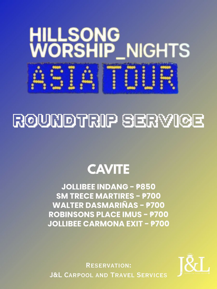 jandlcarpool's tweet photo. Carpool ~ roundtrip service for Hillsong Worship is ongoing!  🎤

Hillsong Worship Nights: Asia Tour

📍 SM Mall of Asia Arena
📅 September 20 and 21, 2026

BOOK HERE: https://t.co/QAkkMxvZrL

Batangas Laguna Cavite

#HillsongWorship #HillsongWorshipNights https://t.co/0z8BjCEsHy