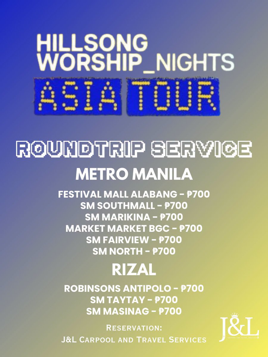jandlcarpool's tweet photo. Carpool ~ roundtrip service for Hillsong Worship is ongoing!  🎤

Hillsong Worship Nights: Asia Tour

📍 SM Mall of Asia Arena
📅 September 20 and 21, 2026

BOOK HERE: https://t.co/QAkkMxvZrL

Metro Manila Rizal Bulacan Pampanga

#HillsongWorship #HillsongWorshipNights https://t.co/QrkfbXTkq2