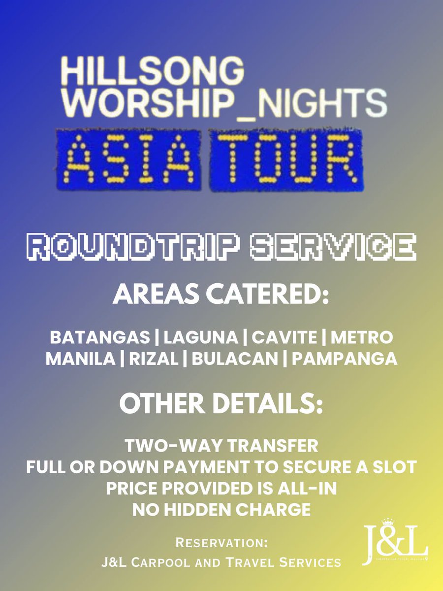 jandlcarpool's tweet photo. Carpool ~ roundtrip service for Hillsong Worship is ongoing!  🎤

Hillsong Worship Nights: Asia Tour

📍 SM Mall of Asia Arena
📅 September 20 and 21, 2026

BOOK HERE: https://t.co/QAkkMxvZrL

Metro Manila Rizal Bulacan Pampanga

#HillsongWorship #HillsongWorshipNights https://t.co/QrkfbXTkq2