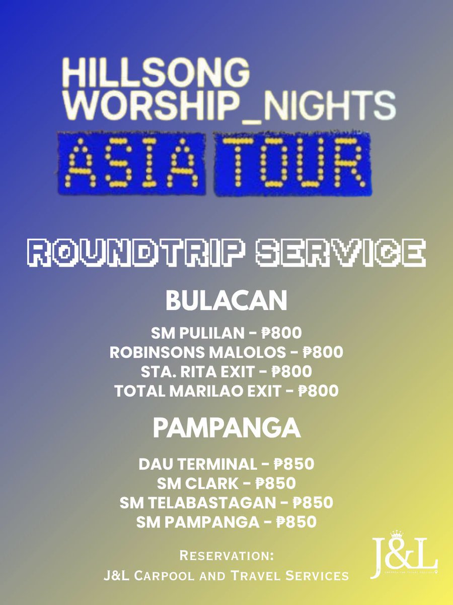 jandlcarpool's tweet photo. Carpool ~ roundtrip service for Hillsong Worship is ongoing!  🎤

Hillsong Worship Nights: Asia Tour

📍 SM Mall of Asia Arena
📅 September 20 and 21, 2026

BOOK HERE: https://t.co/QAkkMxvZrL

Metro Manila Rizal Bulacan Pampanga

#HillsongWorship #HillsongWorshipNights https://t.co/QrkfbXTkq2