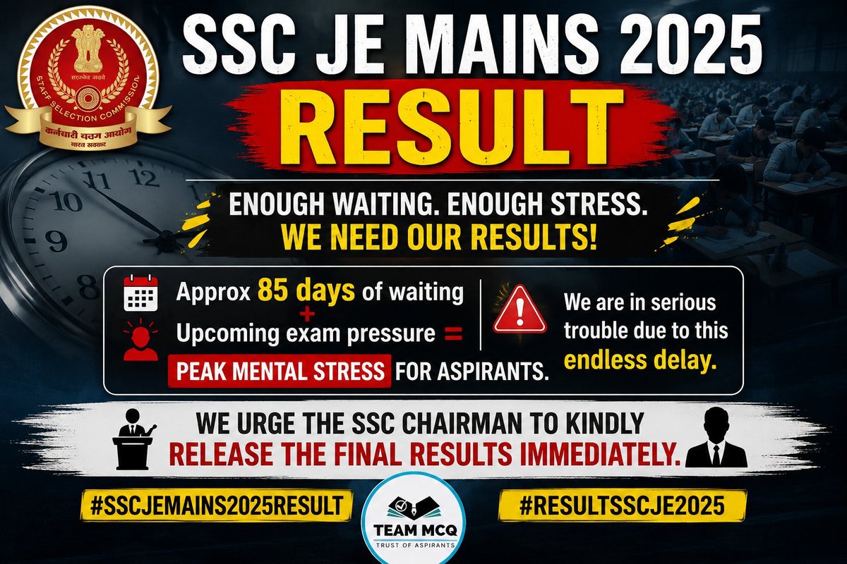 omprakashj3163's tweet photo. SSC JE Mains 2025 Approx 85 days of waiting + upcoming exam pressure = peak mental stress for aspirants. We are in serious trouble due to this endless delay. We urge the SSC Chairman to kindly release the final results immediately. 
@SSC_GoI
#SSCJEMAINS2025RESULT
#RESULTSSCJE2025 https://t.co/NDrPS5LpBK
