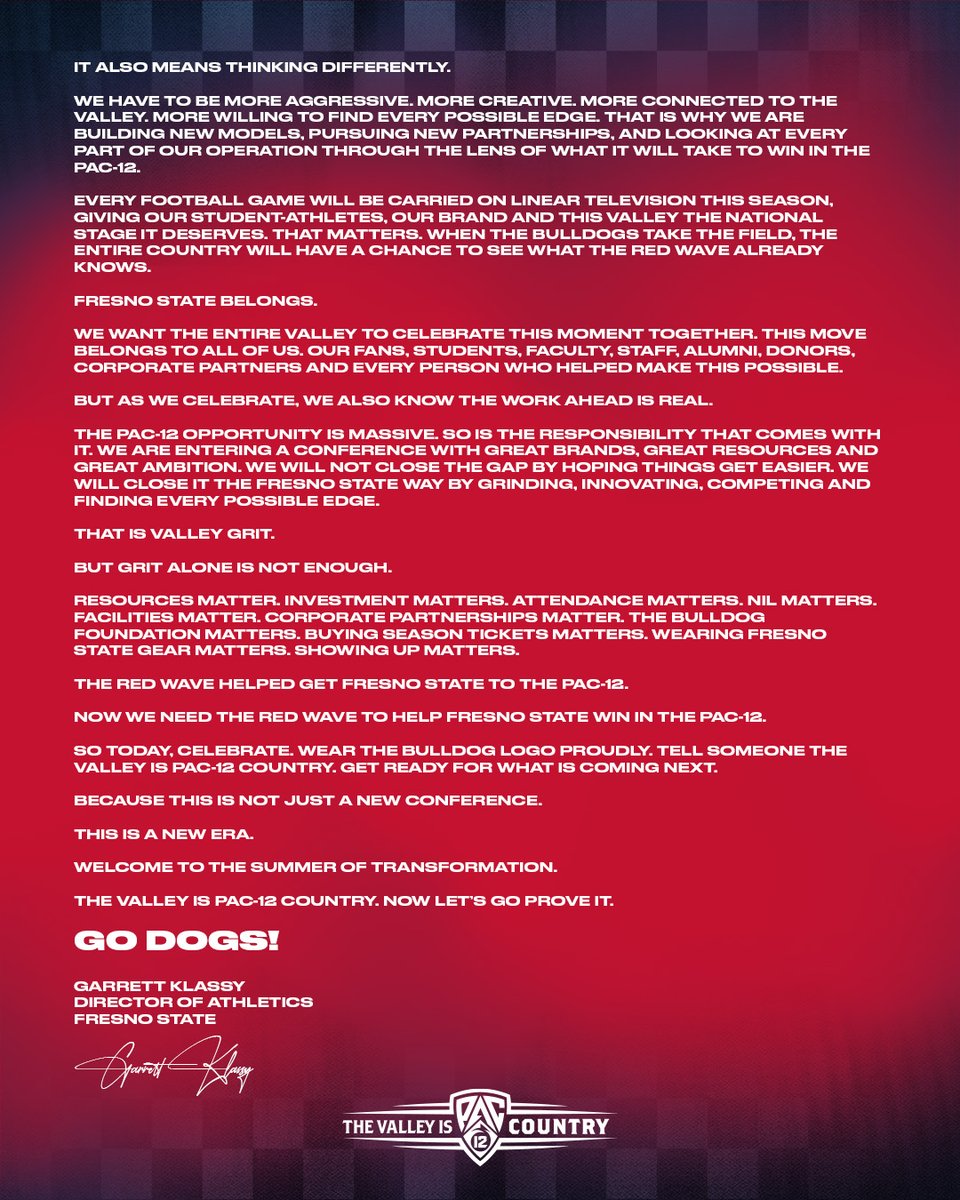 KlassyDogs's tweet photo. The Valley is Pac-12 Country.

Today is for the Red Wave.

You helped make this moment possible. Now we begin a new era together.

Welcome to the Summer of Transformation. #GoDogs https://t.co/8bWgJZhkHT
