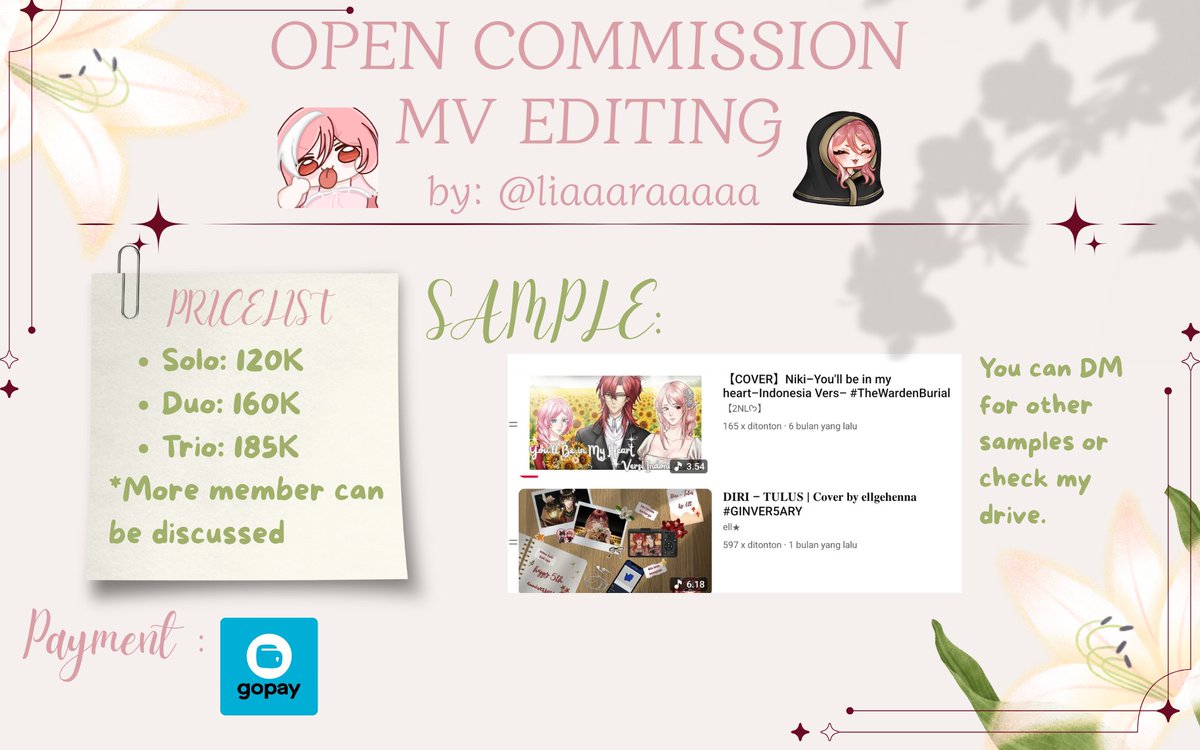 liaaaraaaaa's tweet photo. ✨COMMISSION OPEN✨
💗 Like &amp; RT are highly appreciated! 💗

Hello~ Aku mencoba untuk open commission mv editing‼️ Buat contoh mv nya bisa cek disini yaa😉👇🏻:
https://t.co/6h6ielgaQs

Yuk yang lagi nyari bisa dm aku https://t.co/FhlhZ306LT