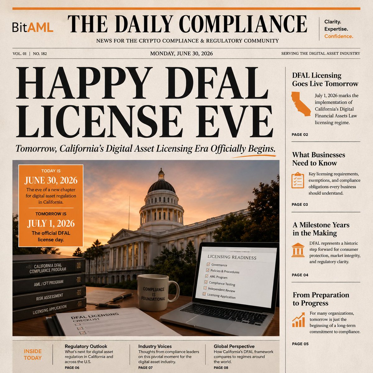 AML_Report's tweet photo. 🎉 Happy #DFAL License Eve!

Today is the final day before California's Digital Financial Assets Law licensing requirements officially take effect on July 1.

A major milestone for crypto compliance and the digital asset industry. Here's to the next chapter. #CryptoCompliance https://t.co/N2Ip3pInr2