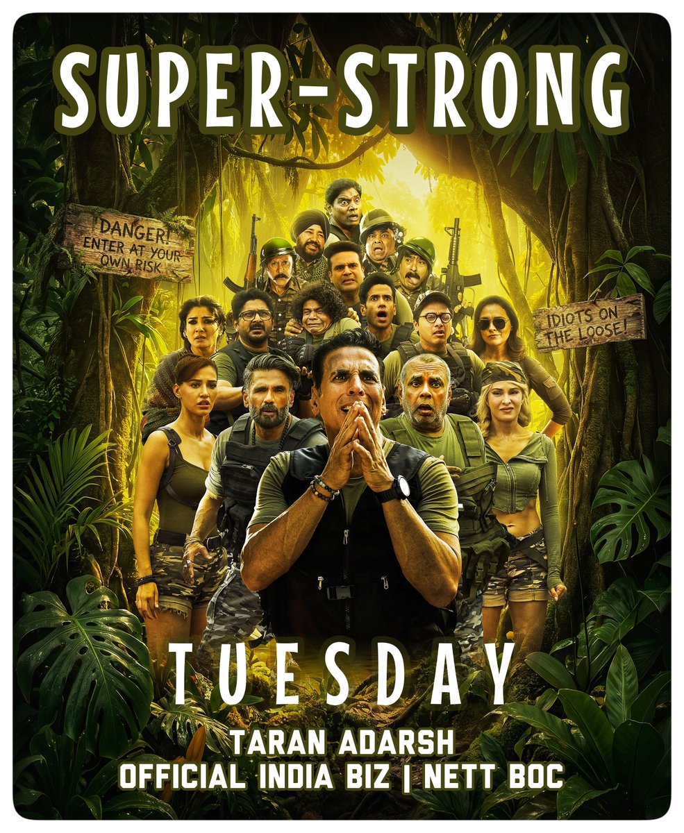 taran_adarsh's tweet photo. #WelcomeToTheJungle is super-strong on Tuesday, with the discounted ticket offer giving its business a significant boost... The film continues to maintain an exceptionally strong hold across Tier 2 and Tier 3 centres.

While the ₹ 💯 cr milestone is a cakewalk and is expected to be crossed in Weekend 2, #WTTJ will face fresh competition from the new releases arriving this Friday.

It will be interesting to see how strongly the film holds over its second weekend in the face of this new competition.

⭐ #WTTJ [Week 1] Thu previews 4.07 cr, Fri 15.33 cr, Sat 21.02 cr, Sun 25.41 cr, Mon 8.52 cr, Tue 9.25 cr. Total: ₹ 83.60 cr. #India biz | Official Nett BOC | #Boxoffice
