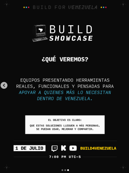 gabrululu's tweet photo. Lo que empezó como una idea de fin de semana se convirtió en un movimiento regional 🌎⚙️

Llegó el momento de consolidar esfuerzos en #Build4Venezuela 🇻🇪
Este miércoles 1 de julio será el cierre oficial y sesión de pitches, un espacio para conocer las historias y la arquitectura detrás de cada solución construida 🫂

📌 ¿Qué se viene ahora?
- Cierre de proyectos: Se viene el cierre formal para enfocar los esfuerzos de despliegue
- Evitar duplicidad: Es momento de mirar, conectar repositorios y fortalecer los equipos en servicio de quienes más lo necesitan hoy
- Impacto global: Cerca de 1,000 personas demostrando que la tecnología es también una  expresión de solidaridad

Esto apenas comienza. No te pierdas ningún detalle del Demo Day y sigue los canales oficiales de B4V: 
🔗 X: @Build4Venezuela 
🔗 LinkedIn: https://t.co/BsqS2FMrYx
🔗 Instagram: https://t.co/tc9L5scprh
🔗 TikTok: https://t.co/k1BWca6uVS