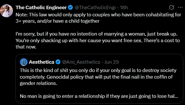 BlackDumpling's tweet photo. This woman applies all responsibility and obligation to him, all benefit to her.

Remember how I was like "I totally get it when men hate women"?

It's because a woman can write something like this and be wholly oblivious to what she's writing because at no point does she hold another woman responsible for the choices she makes. The only person she assigns responsibility to is him.

This is why she should have zero authority, in any capacity. Not professionally, not at the ballot box, not at home.

Why? Because a person who cannot or will not correctly ascertain responsibility cannot be trusted with authority. The fact that she gives the woman a pass, even in something as obvious as this, means she will almost always do the same. She will betray what is right in favor of what serves her, every time.

How many changes do you think this post would need to be about Amy Coney-Barrett, Elena Kagan, Sonia Sotomayor, and Ketanji Brown Jackson?
