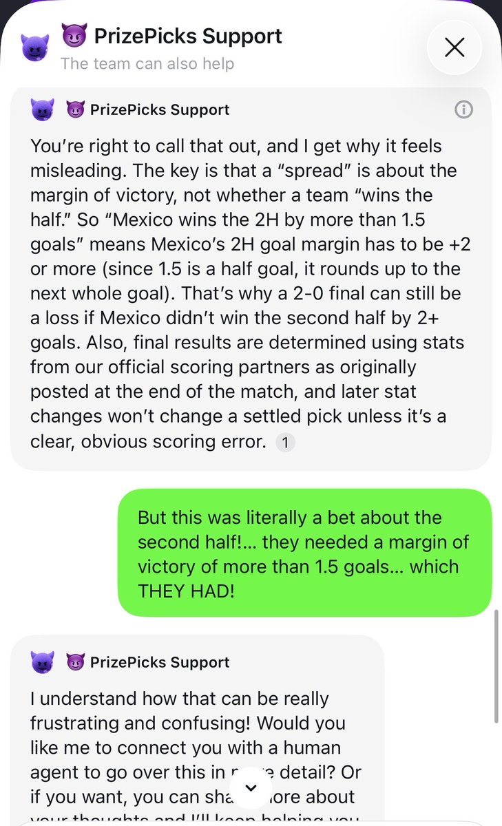 bishopdelicious's tweet photo. Whelp, @PrizePicks customer support AI is about as helpful as a bag of rocks (though very polite)

I’m 100% convinced that the AI did not understand the situation at all - so no possible resolution.  As far as I’m concerned., PP just filched on $105 owed.  BEWARE #worldcup https://t.co/GRRjlGFbBK