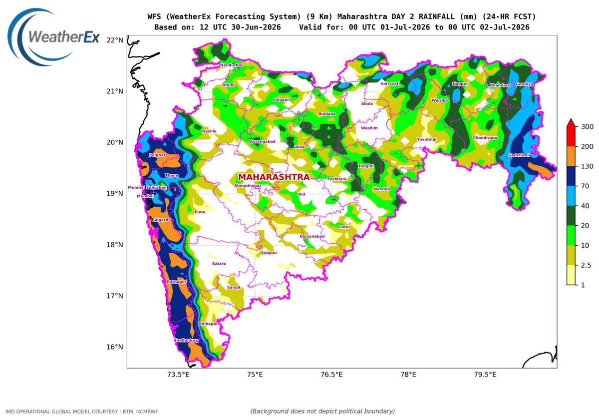Akshay_Sunil_'s tweet photo. 🌧️ Maharashtra Rainfall Update | WFS Forecast

The WeatherEx Forecasting System indicates widespread rainfall across Maharashtra during the 24-hour period ending 2 July morning.

The heaviest rainfall is likely along the Konkan coast and adjoining Western Ghats, particularly over Mumbai, Thane, Palghar, Raigad, Ratnagiri and Sindhudurg, where isolated very heavy to extremely heavy spells are possible.

Moderate to heavy rainfall is also expected across parts of Nashik, Pune, Kolhapur and eastern Vidarbha, including Nagpur, Bhandara, Gondia, Chandrapur and Gadchiroli. Interior parts of Marathwada and western Maharashtra may receive comparatively lighter, scattered rainfall.

⚠️ Localised waterlogging, reduced visibility and disruption to road traffic remain possible across the Konkan belt and Mumbai Metropolitan Region.

@Visheshkar Suryawanshi SEOC