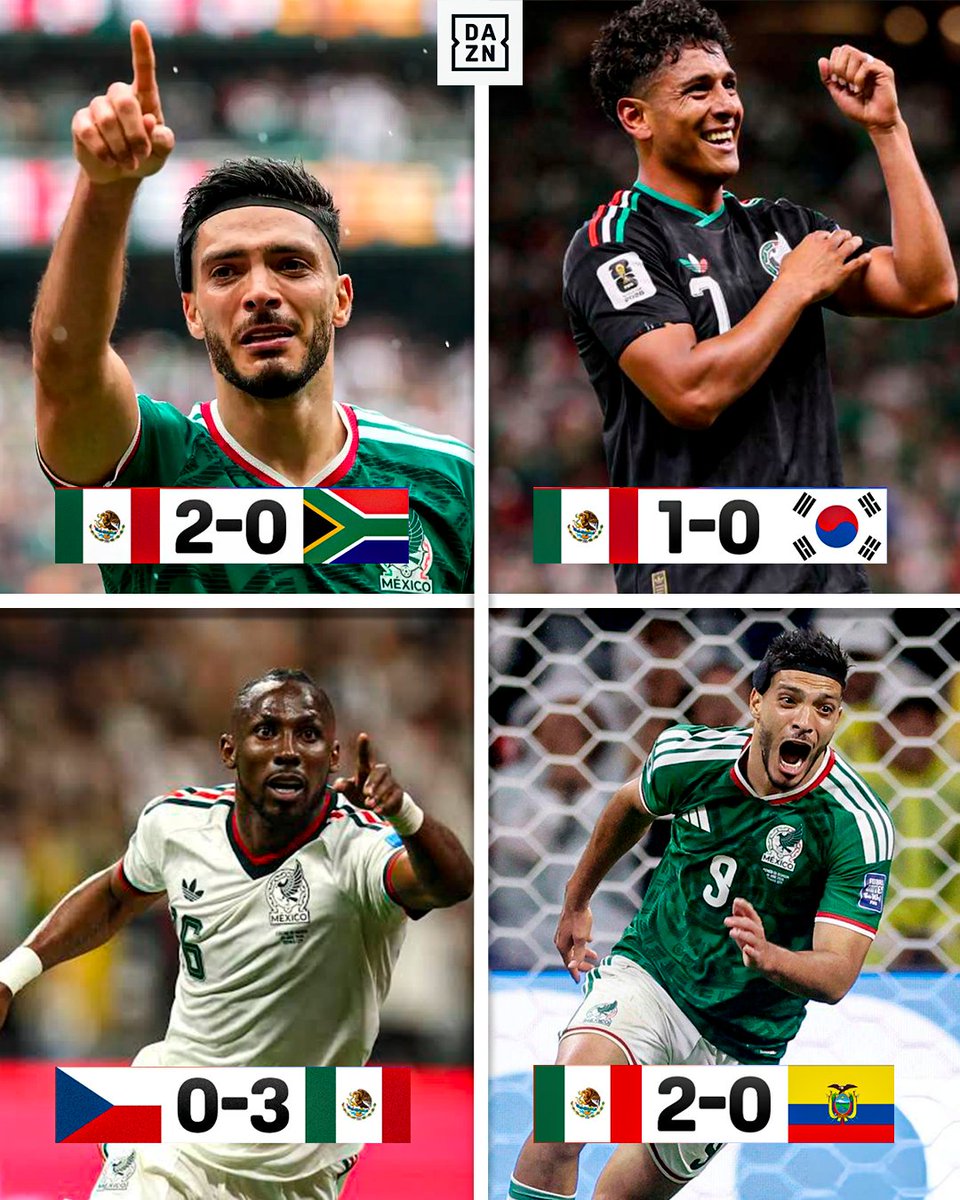 DAZNFutbol's tweet photo. MÉXICO, ESTO ES HISTORIA 🔥

Cuatro partidos, cuatro victorias, cuatro porterías a cero... El Tri NUNCA lo había conseguido en un Mundial, hasta ahora. El sueño es real 🇲🇽

#DAZNMundial #FIFAWorldCup https://t.co/PBNgT79Gik