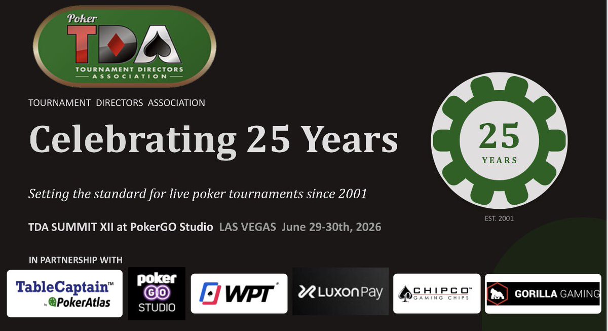 SavagePoker's tweet photo. Thank you to all of the Players, Tournament Directors, Card Room Managers, Directors, and Media that attended, supported, and contributed to the 25th Anniversary @PokerTDA Summit @PokerGO Studio. 

The updated rules and procedures including mixed games with be out soon! https://t.co/ZtDm8eH1w8