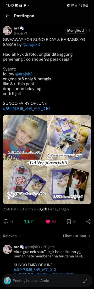 jayireya's tweet photo. @arajsk3 halo ka aku izin ikutan yaa

SUNOO FAIRY OF JUNE
#모든색조의_사랑_선우_D10
#JUNENOO #엔하이픈_선우 #SUNOO 
#enhypen #sunoo https://t.co/FVGifphAze