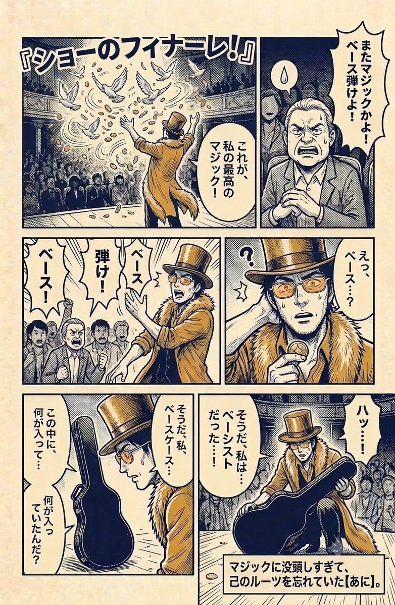 AnikiArea's tweet photo. 続編！第4話
『ベース弾けよ！』

マジックに没頭するあまり自身のルーツを忘れてしまった『黄色いオジさん』
華麗なマジックを披露する舞台で、客席からの「ベース弾け！」という強烈な野次をきっかけに、彼は自分がベーシストだと思い出し困惑する（笑） https://t.co/t9LpaQuiDB