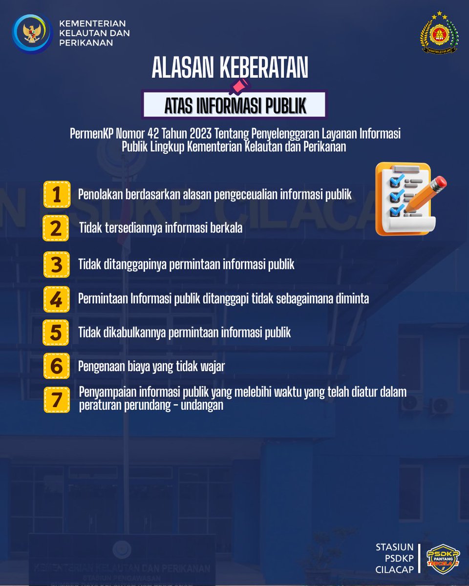 cilacap_psdkp's tweet photo. Halo #SahabatBahari
Kalau permintaan informasi publik kamu tidak ditanggapi atau ditolak tanpa alasan jelas, kamu berhak mengajukan keberatan, lho!

Berdasarkan PERMENKP No. 42 Tahun 2023, keberatan bisa diajukan jika:
#StasiunPSDKPCilacap https://t.co/wTPLkukRyF