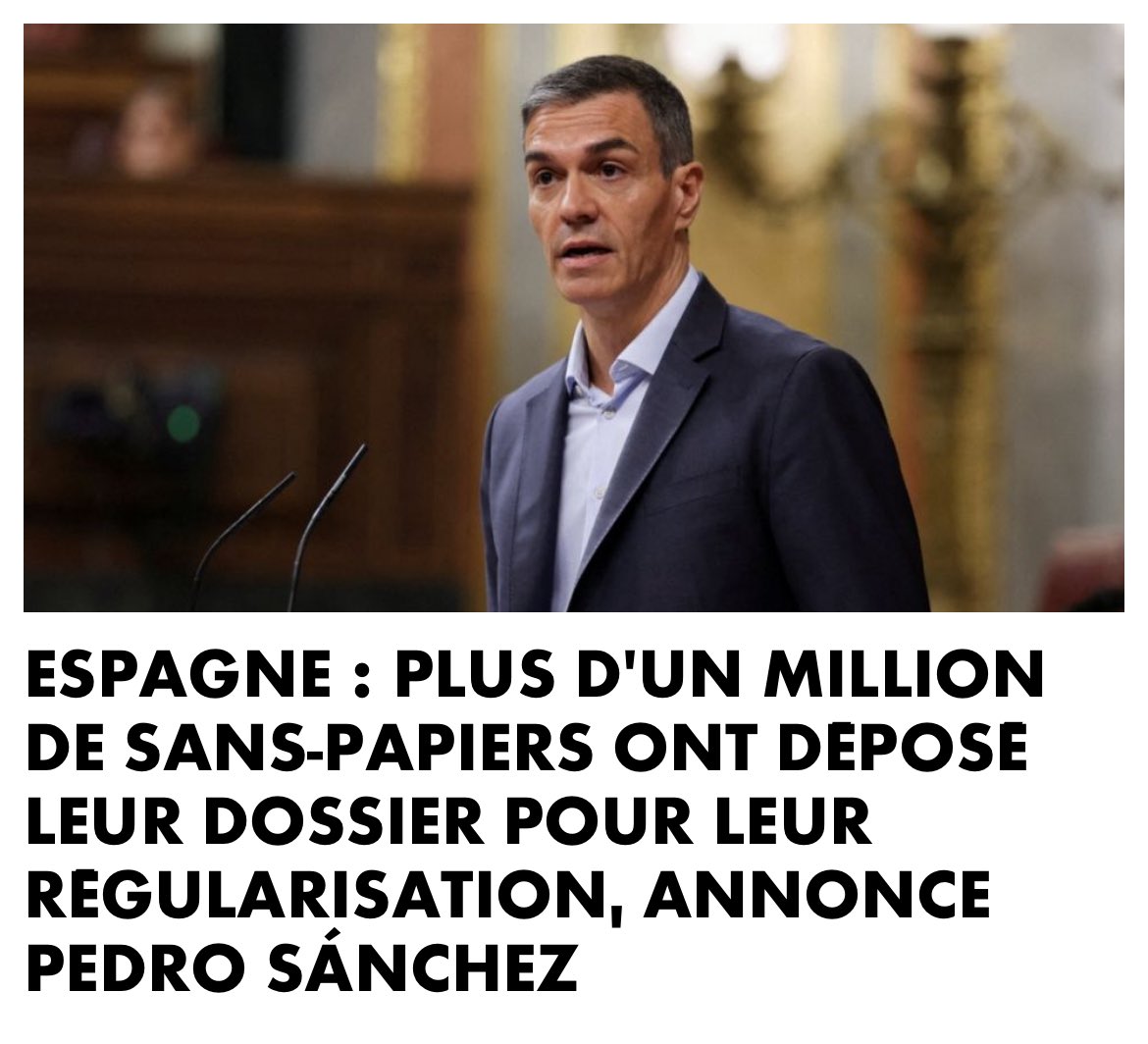 Guigz75116's tweet photo. Plus d’UN MILLION de sans-papiers régularisés d’un coup par Sánchez. 

Bravo l’Espagne : on passe de l’illégalité au passeport espagnole en trois mois.

Grâce à Schengen, préparez les comités d’accueil à Perpignan et Menton. Ces nouveaux « Espagnols » légaux vont déferler vers la France comme un torrent après l’orage.

Sánchez fait le généreux avec la cohésion sociale des autres. Il arrose, on éponge. Typique de la gauche : virtuosité morale aux frais du voisin.

Résultat ? France déjà exsangue, écoles bondées, HLM saturées, budgets explosés, insécurité qui grimpe. Mais chut, parler d’assimilation ou de frontières, c’est « extrême droite ».

Cette politique n’est pas humaniste, elle est suicidaire. 

Demain ce sera chez nous le million, puis le suivant. 

Schengen sans remparts = invitation au grand remplacement soft.
#SanchezLeGénéreux #Immigration #Schengen