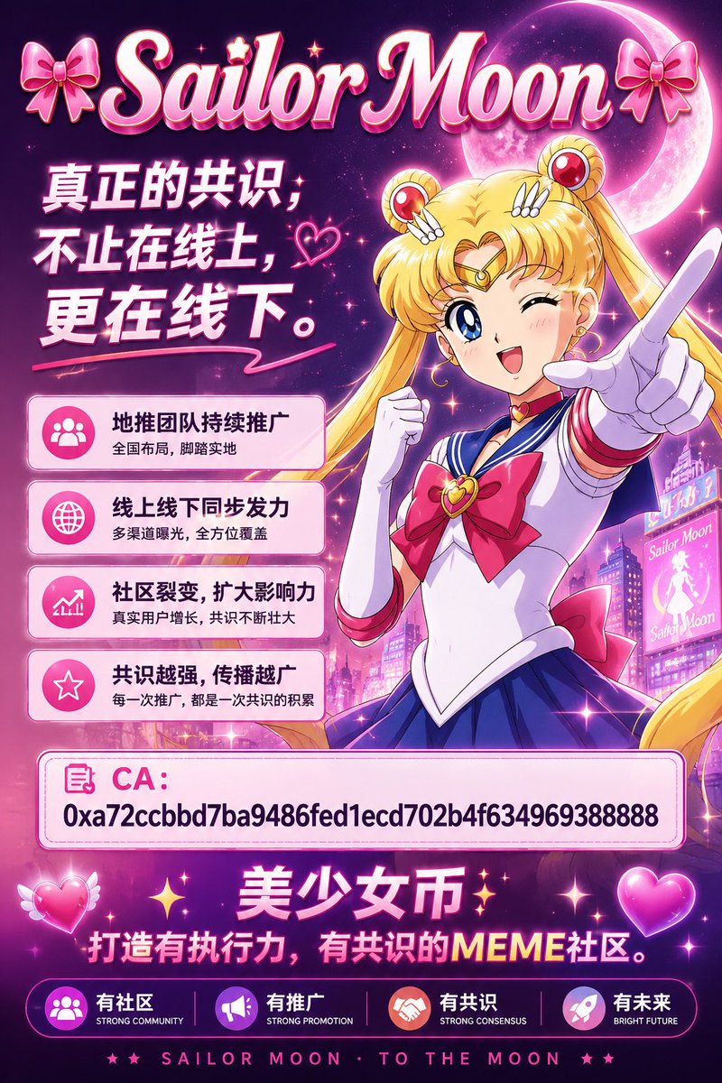 Amao877777's tweet photo. 🎀 Sailor Moon 🎀

共识，不只是流量，更是行动。

✅ 地推团队全国布局
✅ 线上线下同步推广
✅ 持续吸引真实社区用户
✅ 共识不断扩大，影响力持续提升

📜 CA：
0xa72ccbbd7ba9486fed1ecd702b4f634969388888

每一次推广，都是一次共识的积累。
Sailor Moon，与社区一起成长。 https://t.co/f4YJ2C74Pw