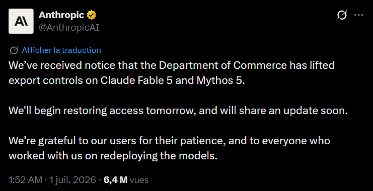 L_ThinkTank's tweet photo. [ 🇺🇸 ÉTATS-UNIS ]

🔸Anthropic annonce avoir reçu une notification du département américain du Commerce levant les restrictions à l'exportation sur les modèles d'IA Claude Fable 5 et Mythos 5. Le rétablissement du service pour les utilisateurs est attendu dès demain.

Ces restrictions découlaient d'une directive du 12 juin imposant à Anthropic de suspendre immédiatement l'accès à ces modèles pour tous les ressortissants étrangers, quel que soit leur lieu de résidence. L'entreprise avait alors désactivé l'accès à l'échelle mondiale afin de se conformer à cette décision.