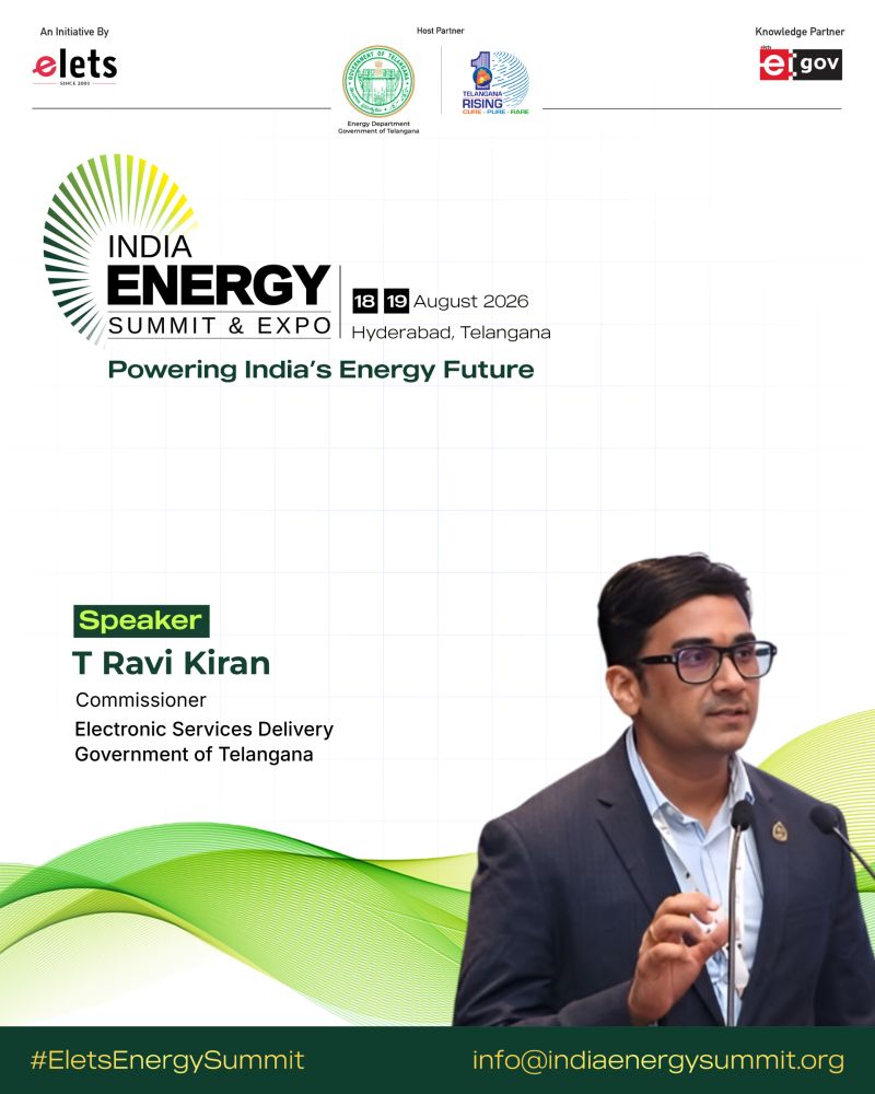 egovonline's tweet photo. We are delighted to welcome @Ravikiranifs, Commissioner, Electronic Services Delivery,
@TelanganaCMO, as a distinguished speaker at the India Energy Summit & Expo 2026.
Date: 18β19 August 2026 | Hyderabad
https://t.co/qgOU9RoZtN
#EletsEnergySummit #EletsEnergy https://t.co/YyIn3Z0Swm