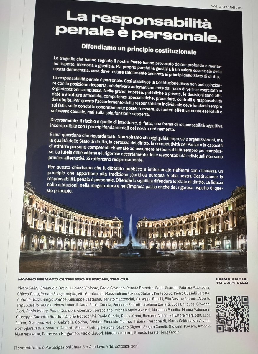 Foggiagrad's tweet photo. La condanna di Moretti ha messo la strizza a capitani d’industria e manager, se attraverso Webuild arrivano a comprare pagine di giornali e sottoscrivere appelli pubblici. Webuild che nel suo codice etico parla di tutela dell’integrità fisica e morale dei lavoratori. Paura eh? https://t.co/7Vp5eTN41K