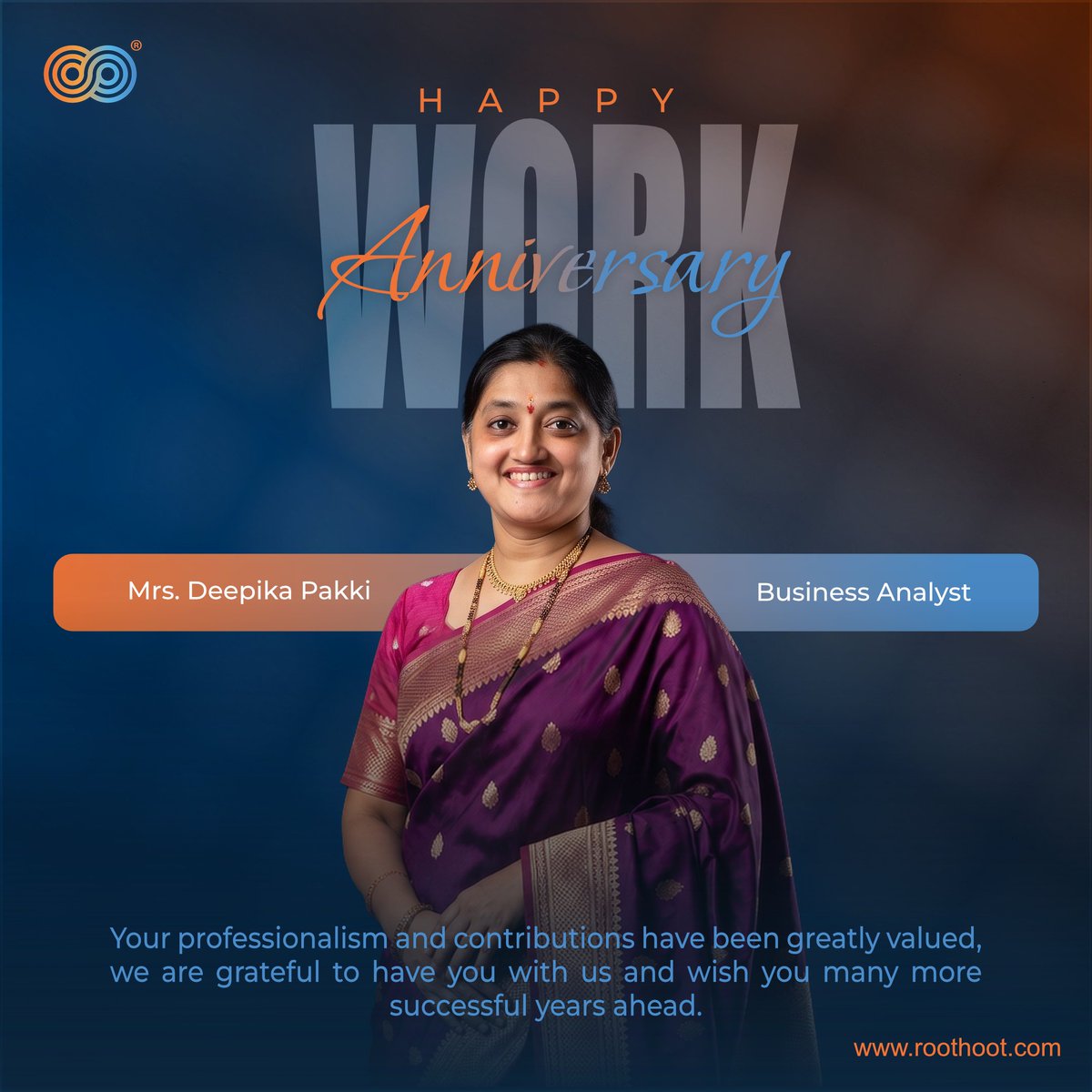 roothootco's tweet photo. Happy Work Anniversary, Mrs. Deepika Pakki! Thank you for your dedication and valuable contributions to Team Roothoot. Wishing you continued success and many more milestones ahead!

#WorkAnniversary #TeamRoothoot #EmployeeAppreciation #Roothoot https://t.co/bMK17EY4dX