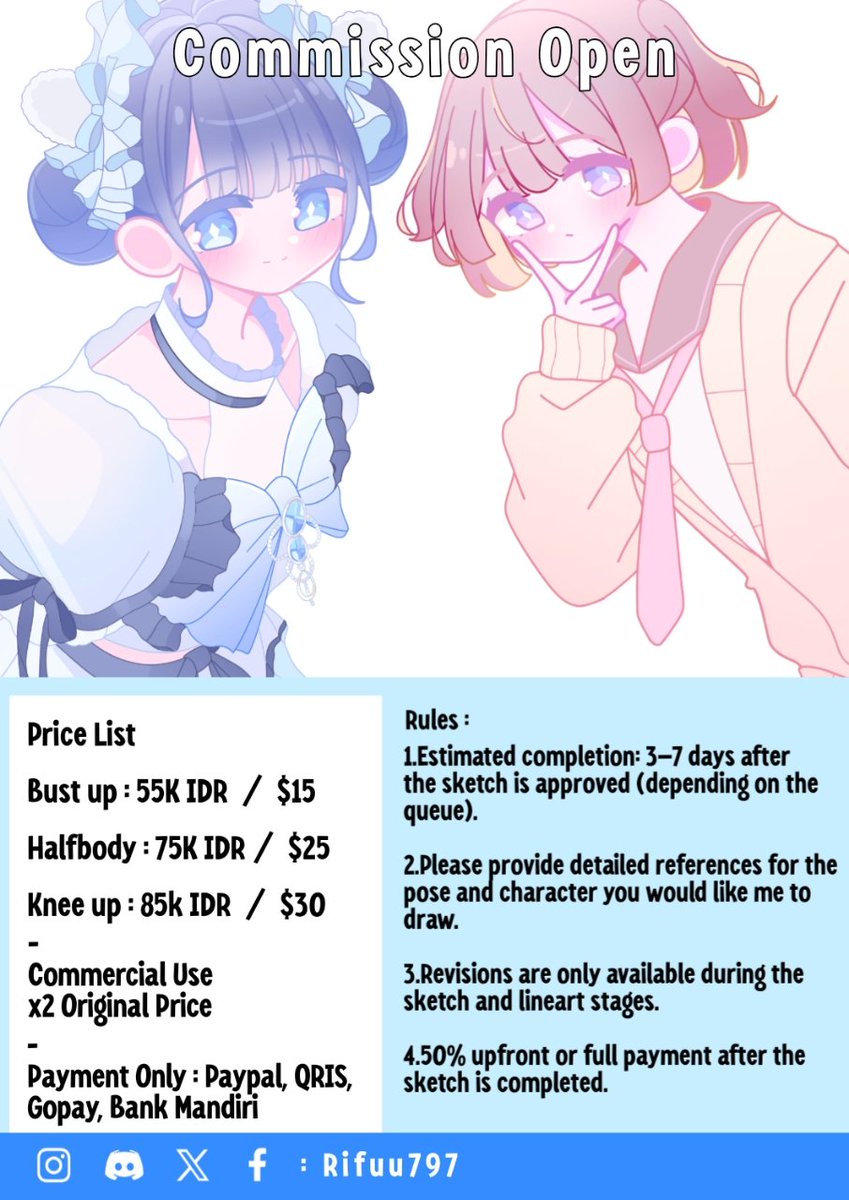 Rifuu797's tweet photo. Commission slots open! 🌸

Cute &amp; soft coloring anime-style art
(Retweet is very appreciated!)

DM me on Discord rifuu797 to order. Thankyou 🫶

#commission #artcommissions #commissionopen #commissionart #artshare #art #digitalart #vgencomms #artrt https://t.co/73mxAgLGw1