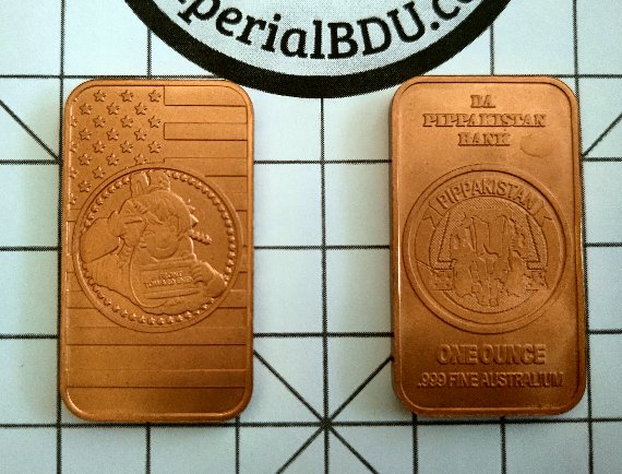 ImperialBDU's tweet photo. #MMOARTPG "Da Pippakistan Bank" Metal Alloy Bar 
Collector item only, no claims on metal purity or composition. See reply for store link. Price in AUD converts to USD on checkout. 
Artist for the head side @thefaditto 
Tariff: Free, we pay.
Shipping: Free for 5+ bars