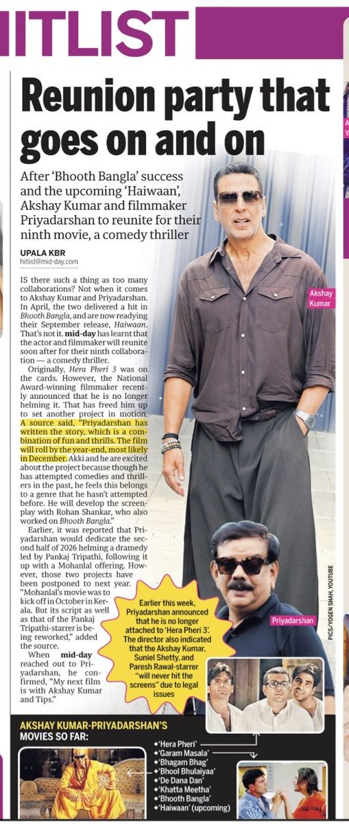 upalakbr999's tweet photo. MIDDAY EXCLUSIVE!
It's official. After the huge success of their latest release #BhoothBangla earlier this year, #Priyadarshan confirms his next film with #AkshayKumar. 
The duo will reunite for their ninth collaboration in a comedy thriller backed by Tips. Begins this year.
More details in @mid_day today.
https://t.co/DCuG3PBWBf