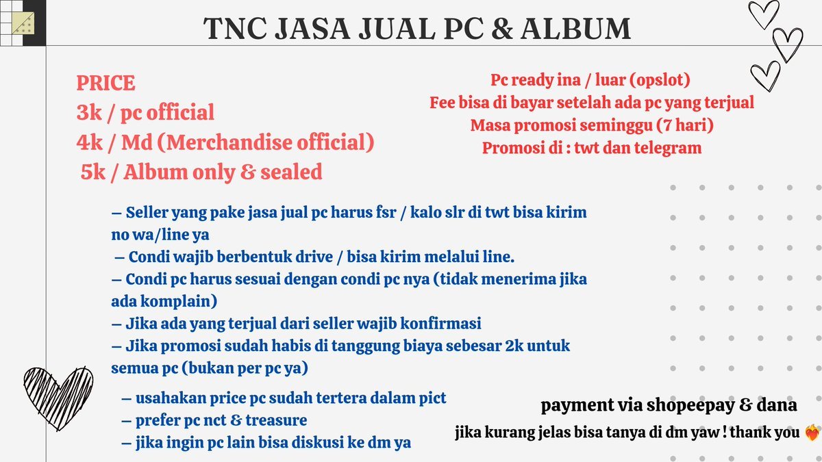 renxjaem's tweet photo. hello guyss! kalian yang butuh jasa jual pc/album boleh di aku yawww, dijamin murcee❤️‍🩹 

tnc &amp; detail bisa cek di bawah ini yah 💗 

t. need jasa jual pc nct treasure kpop https://t.co/QbU2117bSP