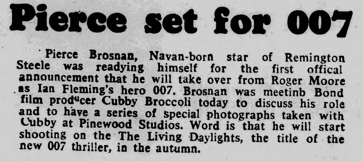 RemiSteele1982's tweet photo. (July 1, 1986)
Pierce Brosnan, Navan-born star of Remington Steele was readying himself for the 1st official announcement that he will take over from Roger Moore as Ian Fleming's hero 007
Meeting James Bond film producer Cubby Broccoli today, and having photographs taken... https://t.co/S7olI4MJxf