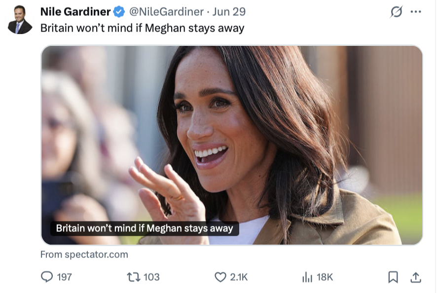 TheRoyalGrift's tweet photo. You see how @NileGardiner  comments on the stupid shit about Meghan Markle.
But purposely ignores Prince Harry undermining the 1st Amendment these last 6 years. @Heritage you realize you have someone on the team who is loyal to the Crown and not really helping to protect the Constitution.  Why is he working there?