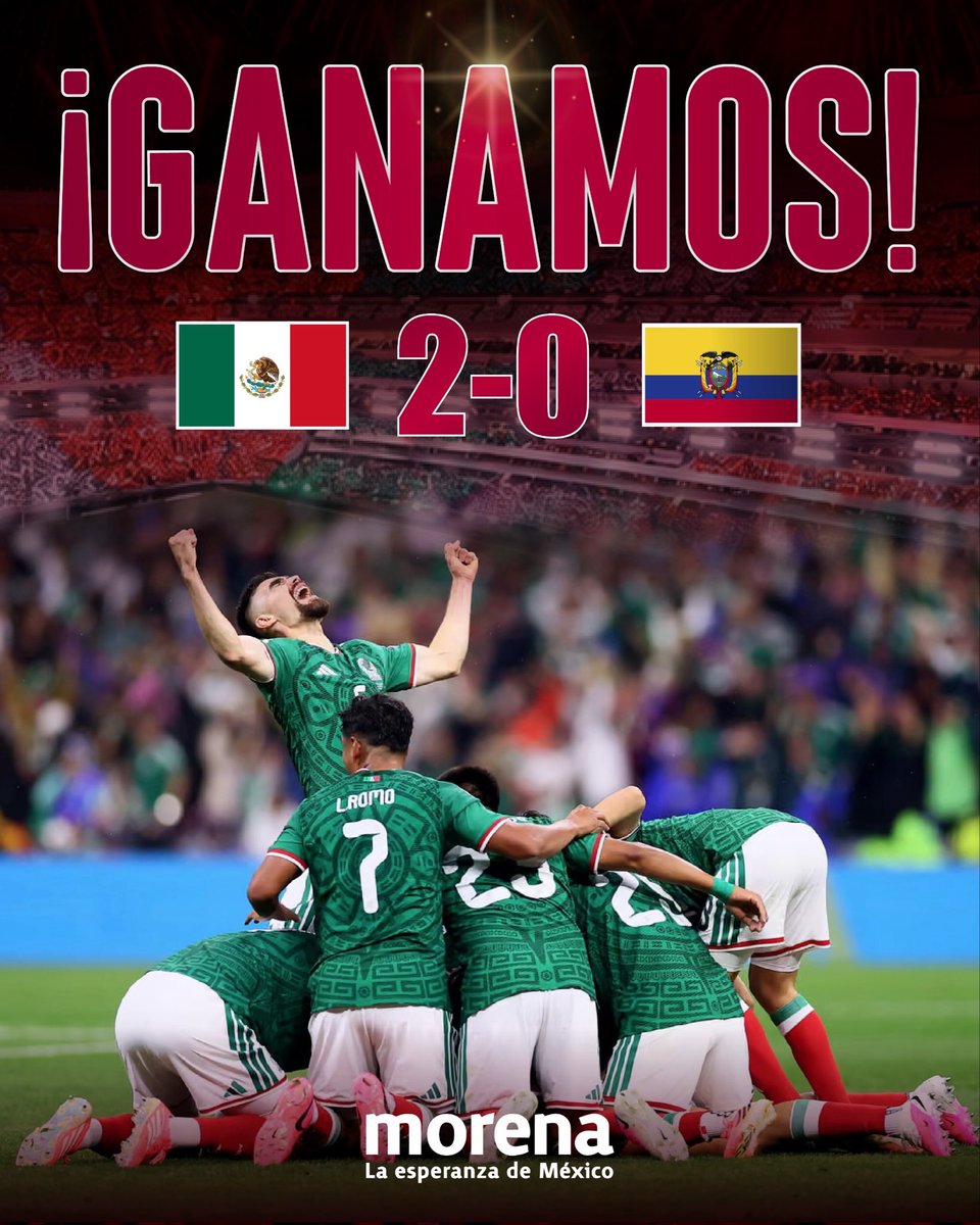 A_MontielR's tweet photo. ¡México gana! 🇲🇽⚽️
Con entrega, talento y corazón, @miseleccionmx consigue su cuarta victoria en el #Mundial2026. Hoy celebramos un triunfo que llena de orgullo a todo un país.

¡Vamos con todo, México! 💚🤍❤️

#HumanismoMexicano 
#PrimeroLosPobres https://t.co/8M1YL7tLtP