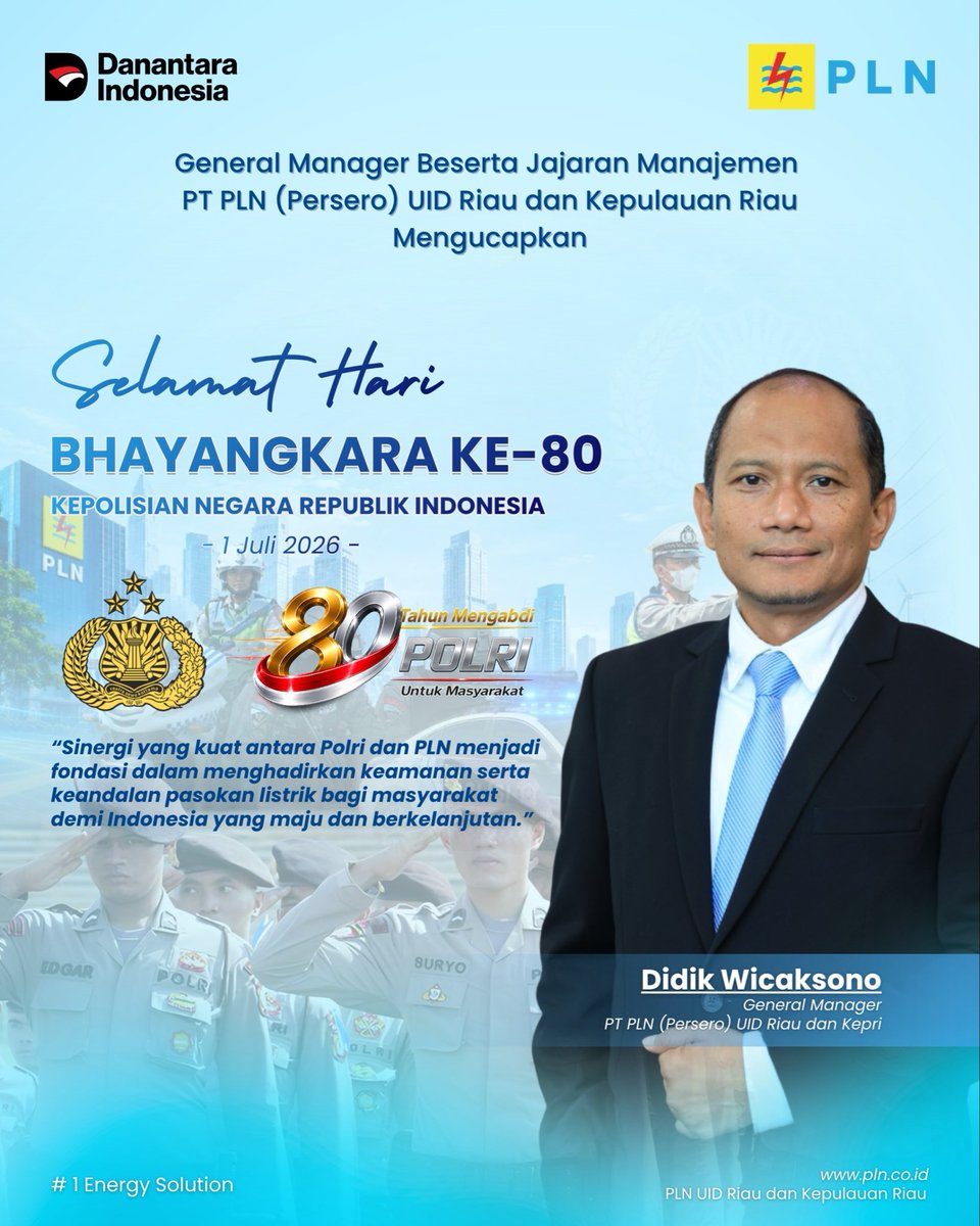 plnuidrkr's tweet photo. General Manager beserta jajaran Manajemen PT PLN (Persero) Unit Induk Distribusi Riau dan Kepulauan Riau menyampaikan apresiasi atas dedikasi dan pengabdian Polri dalam menjaga keamanan, ketertiban, serta memberikan pelayanan terbaik kepada masyarakat.

Semoga semangat pengabdian terus menguatkan sinergi dalam mewujudkan Indonesia yang aman, maju, dan sejahtera.

#HariBhayangkara80 #PolriUntukMasyarakat #PLNUIDRKR #SinergiUntukNegeri #BUMNUntukIndonesia