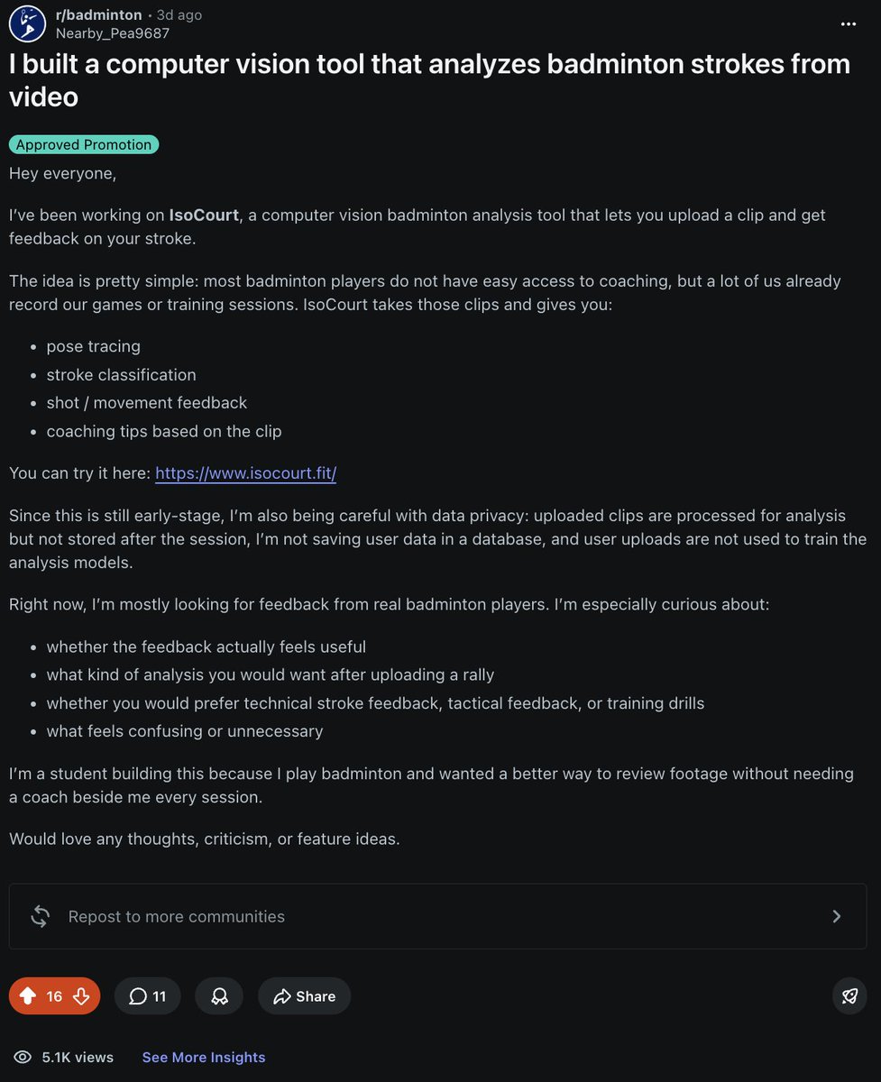 NavneethDG's tweet photo. distribution is something that has always been hard for me with stuff i've built in the past, and i've tried to change that with https://t.co/pVz1kM8qga. 5K+ views with the first post on r/badminton, showing up on AI overview and a click through rate of almost 2% is good attempt https://t.co/DOVxvo45GT