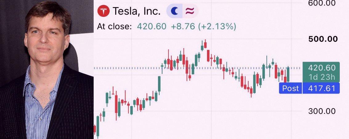 PixlatorPlays's tweet photo. Michael Burry just bet against $TSLA today at $416.22 💸 https://t.co/sbjgaWzwpp