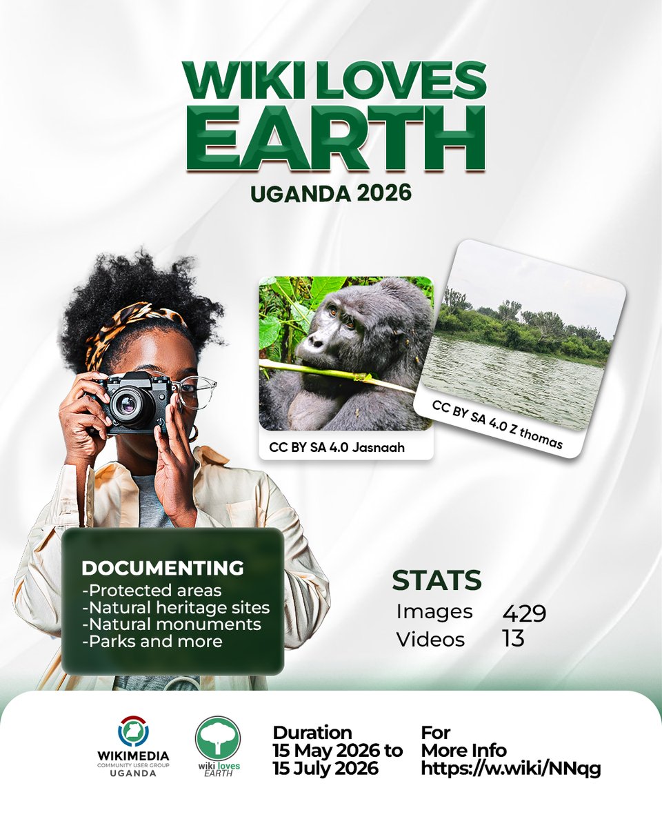 WikimediaUganda's tweet photo. A big thank you to everyone who has contributed so far. If you haven't joined yet, there's still time to be part of the campaign.
Your next photo could help tell Uganda's environmental story.
Join the campaign:
https://t.co/cZTDaryAkG
#WikiLovesEarth
#WikimediaUganda https://t.co/tV9KwfEfx7