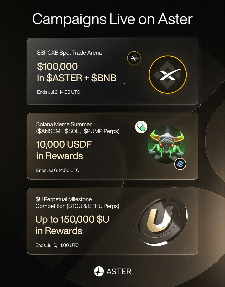 Aster_DEX's tweet photo. A lot is live on Aster right now.

Trade $SPCXB Spot, take on Solana meme perps, or join the $U milestone competition.

Pick your market and get in before the clocks run out. https://t.co/WmKVWL8pt1