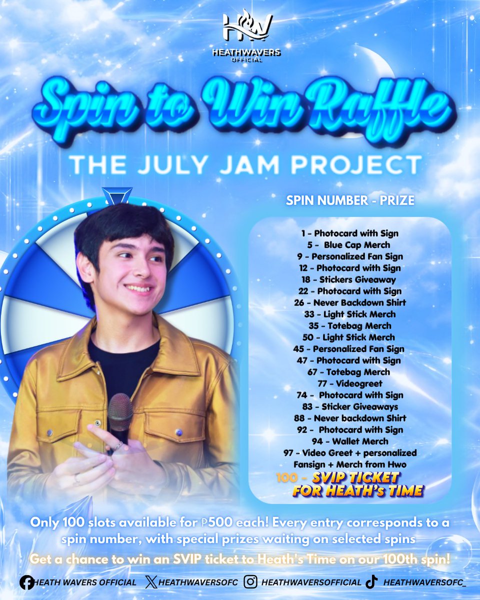 HeathWaversOFC's tweet photo. 🎡 THE JULY JAM PROJECT: Spin-to-Win Raffle! 🎯

🌟 PURPOSE
Let’s fill the venue for Heath’s July Concert! Proceeds from this 100-slot raffle will go directly toward purchasing additional concert tickets and funding our special fan support initiatives. Your entry helps us maximize our presence and show Heath our ultimate love! 🎸✨

🕹️ MECHANICS
We are running a high-stakes, exclusive digital roulette! Here is how it works:

1. The Slots: Only 100 slots are available at ₱500 per entry.

2. The Numbers: Every slot you buy corresponds to a specific spin number on the wheel.

3. The Target Spins: The wheel will spin for every slot. Prizes are strictly tied to the exact spin number.

Example:
🎁 1st Spin ➔ Signed Photocard
🎁 23rd Spin ➔ Personalized Videogreet from Heath 🤳
🎁 26th Spin ➔ Exclusive Fandom Merch

The Winning Rule: It’s all or nothing! Only the spins that land exactly on our target prize numbers win. If a spin lands on any other number, it’s out.

⏰ HOW TO JOIN
1. Secure your slot by sending your ₱500 entry fee to our official donation drive channels.
• GCASH / MAYA
Sean Marie Muyco – 09198065300

• PAYPAL
Angelo Biasbas

2. Send your proof of payment to any of our official social media accounts.

3.. Include your Name and Active Email Address

Limited to 100 slots only—first come, first served!
Will luck be on your side for Heath? Secure your lucky number now!

The raffle prizes with its spin number are listed below: 

1 - Photocard with Sign
5 - Blue Cap Merch
9 - Personalized Fan Sign
12 - Photocard with Sign
18 - Stickers Giveaway
22 - Photocard with Sign
26 - Never Backdown Shirt
33 - Light Stick Merch
35 - Totebag Merch
50 - Light Stick Merch
45 - Personalized Fan Sign
47 - Photocard with Sign
67 - Totebag Merch
77 - Videogreet
74 - Photocard with Sign
83 - Sticker Giveaways
88 - Never backdown Shirt
92 - Photocard with Sign
94 - Wallet Merch
97 - Video Greet + personalized Fansign + Merch from Hwo
100 - SVIP TICKET FOR HEATH'S TIME

#HeathJornales