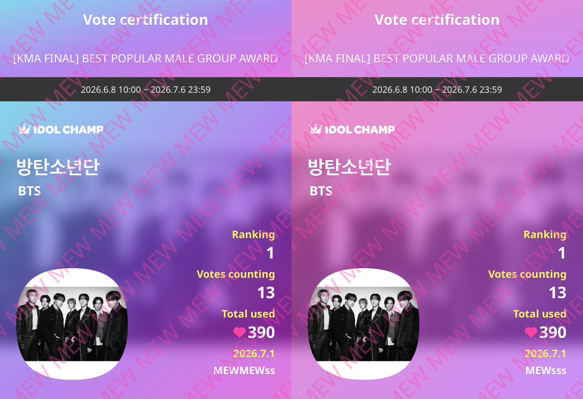 JUNG9795_'s tweet photo. 🚨VOTE BTS di KMA FINAL 2026 🚨

👉🏻 FOKUS di MALE GROUP AWARD (arahan base)
🗓️ END tgl 06 juli jam 21:59 WIB
🗳️ upick, my1pick, idolchamp

posisi sementara kita: 
- upick #2
- idolchamp #1 
- my1pick #4

bantu vote guys bentar lagi end 🙇‍♀️ https://t.co/uDoThB7gko